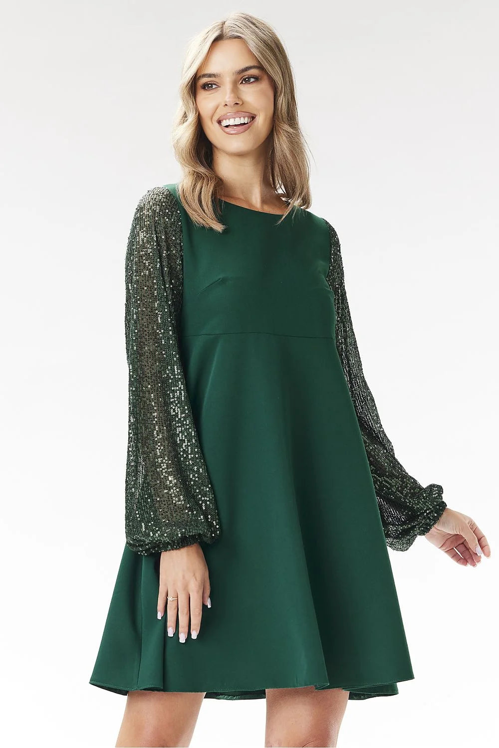 Robe de soirée élégante trapèze mini manches sequins vert forêt corsage ajustable femme Awama