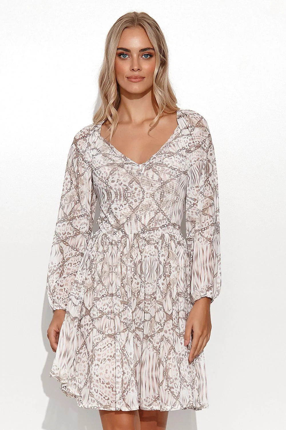 Robe de jour Makadamia design élégant délicat coupe fluide évasée style chic décontracté manches longues bouffantes encolure V
