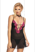 Ensemble sexy Irall : Babydoll transparent noir dentelle rose, string assorti, élasthanne polyamide polyester, lingerie féminine audacieuse, taille S à XXL