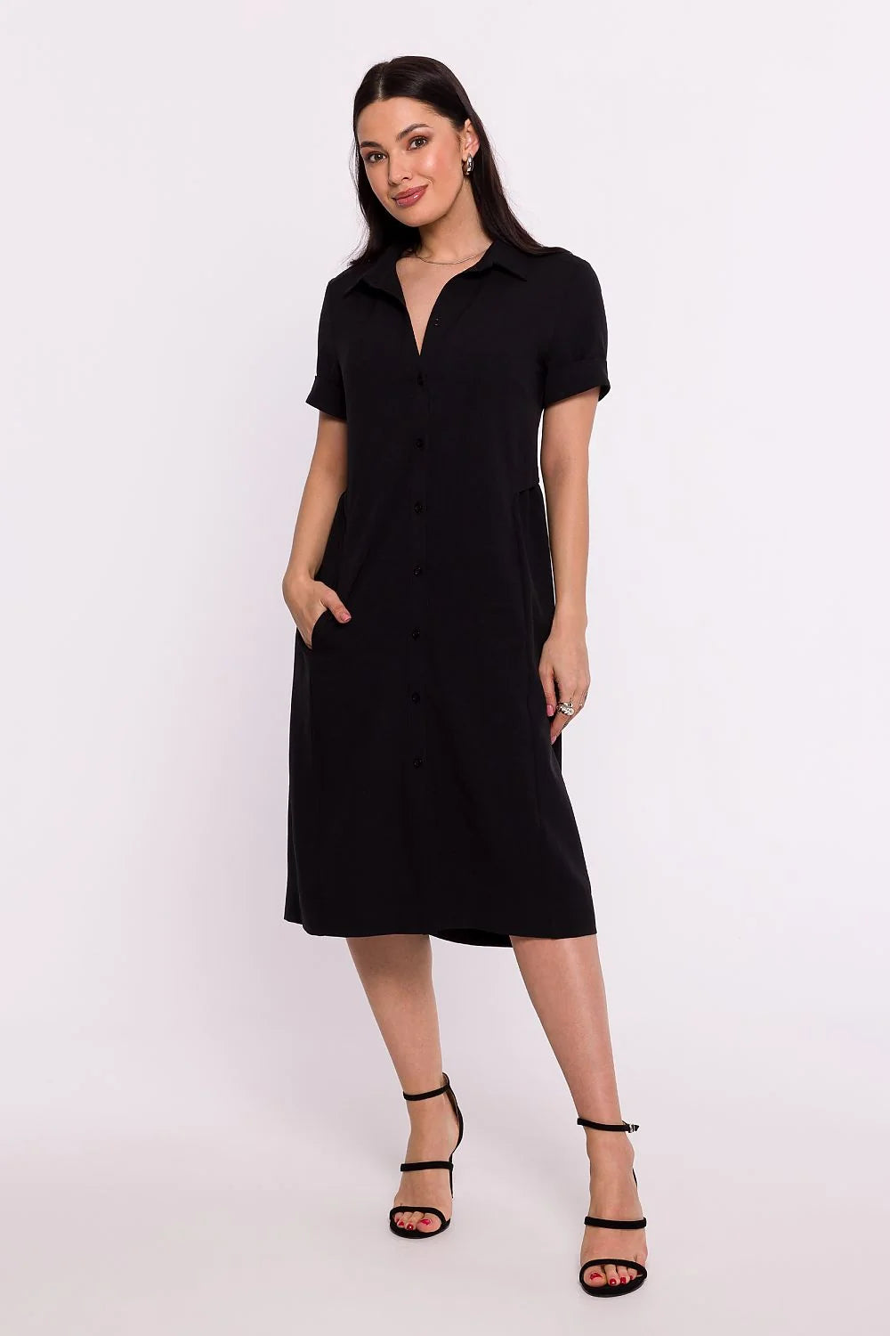 Robe chemise Be Wear classique élégante manches courtes boutonnage intégral poches latérales couleur noire taille ajustée femme
