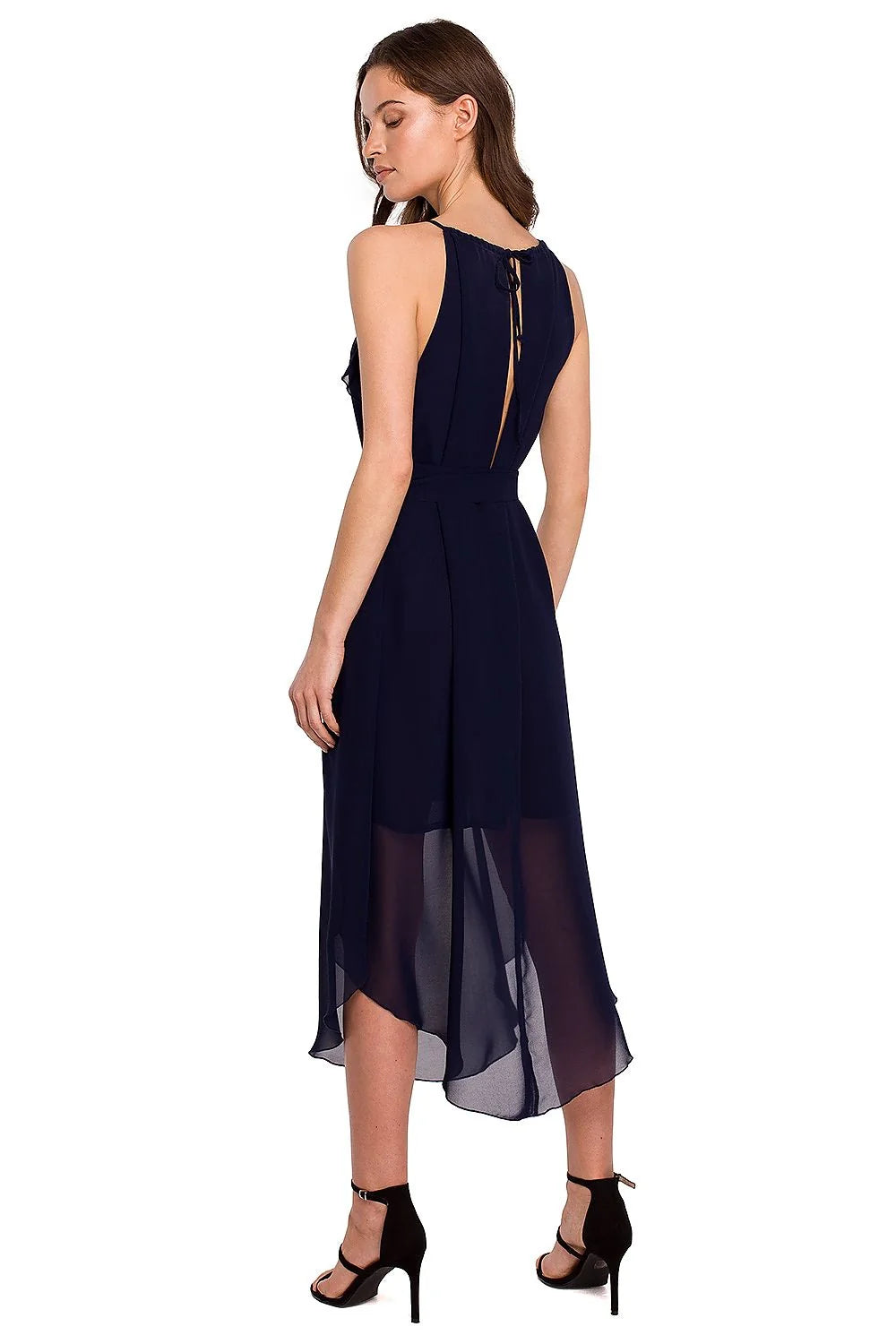 Robe de soirée élégante en satin bleu marine avec volants pour événements spéciaux femme chic