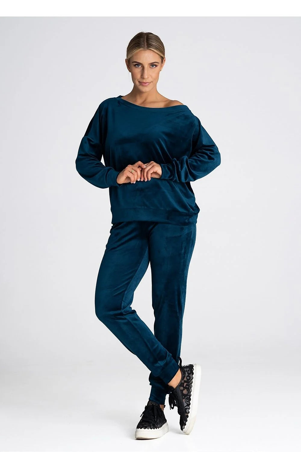 Ensemble décontracté femme velours bleu pétrole pull ample pantalon jogging poches ceinture élastiquée
