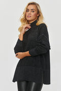 Pull femme col roulé maille ample moderne automne-hiver confortable élégance polyvalent noir profond longues manches fins côte coudières apparentes fente latérale