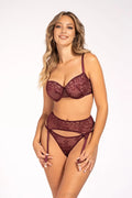 Ensemble de lingerie féminine en dentelle motif floral couleur bordeaux soutien-gorge balconnet porte-jarretelles bas ajustables pour femmes