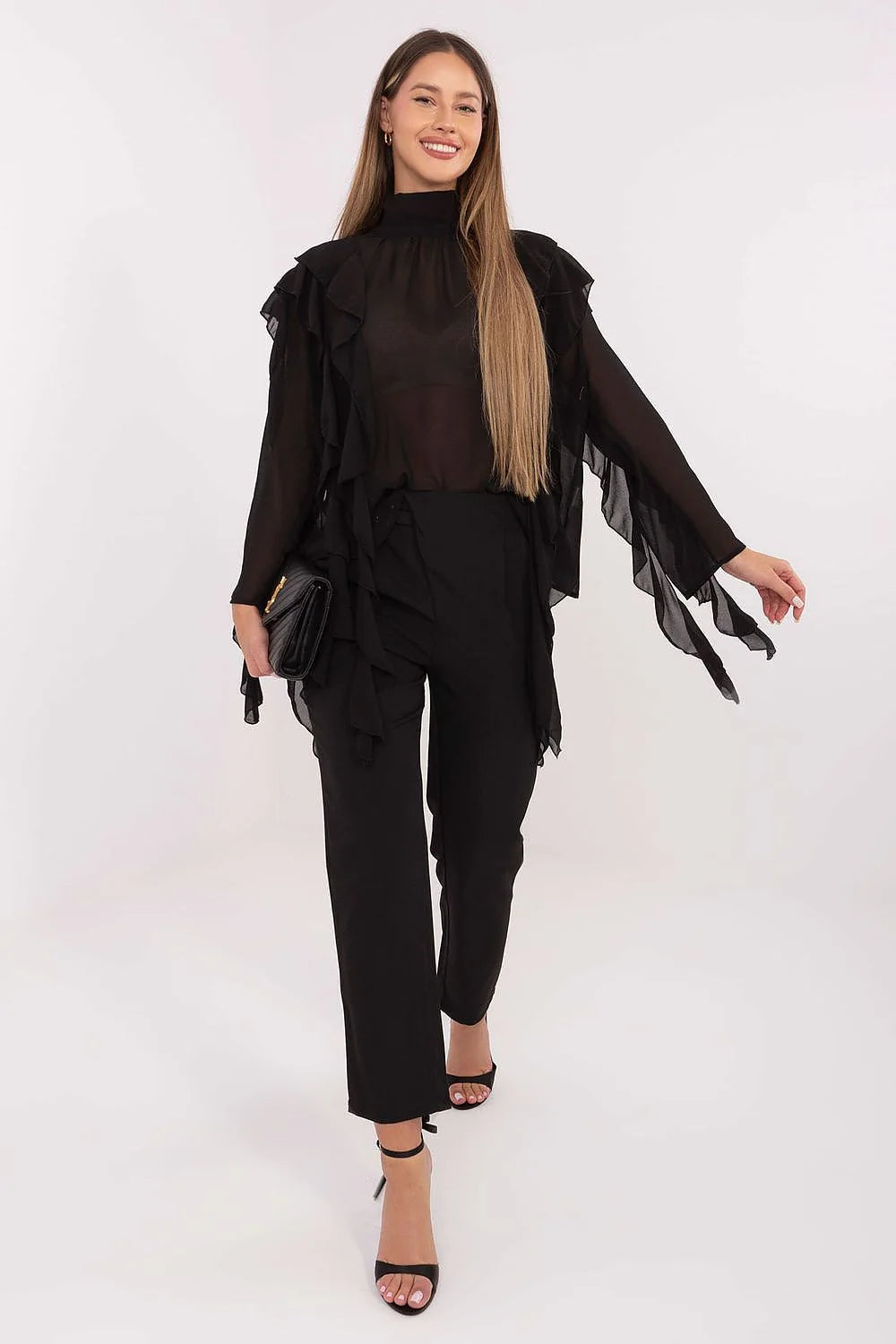 chemise femme élégante viscose polyester stretch douce ajustée manches longues col roulé boutons volants dos devant romantique polyvalente