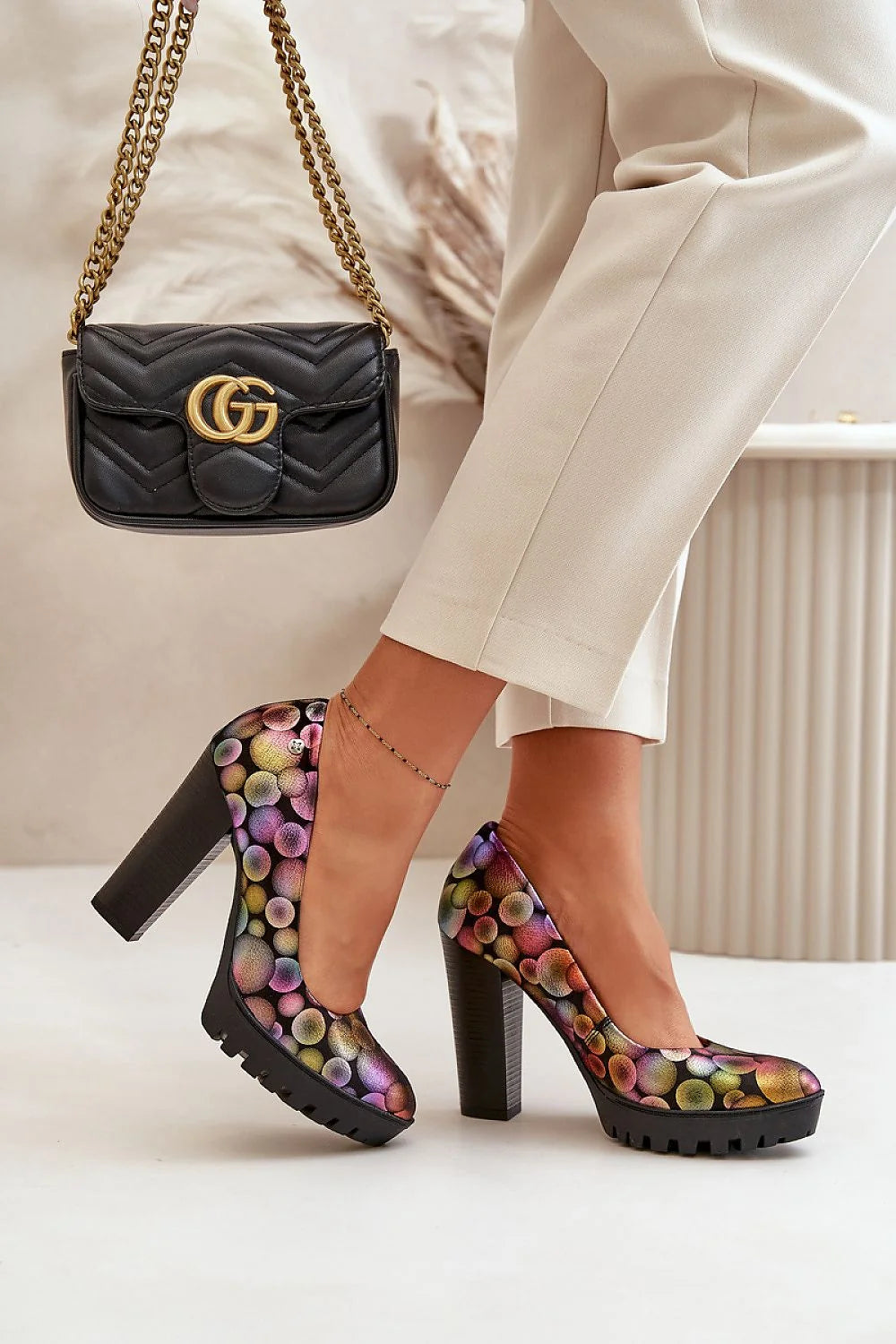 Maciejka escarpins femme talon bloc large 11cm plateforme épaisse crantée motif bulles multicolores irisé cuir semelle matelassée artisanat polonais