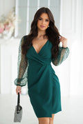 Robe de soirée élégante longue manches longues vert émeraude en tissu portefeuille femme