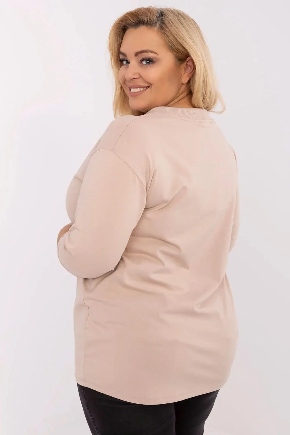 Chemisier grande taille Relevance en coton élasthanne manches 3/4 col rond lacets sequins beige motif doré femme