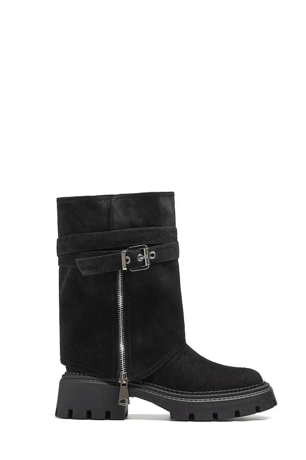 Bottines Edna Gemre Femme Noires Cuir Suédé Écologique Mi Mollet Talon Stable Plateforme Crantée Fermeture Éclair Argentée Réglable