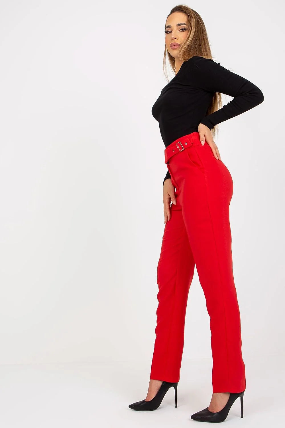 Pantalon long Xsapienza pour femme taille haute jambes droites couleur rouge vif polyester viscose