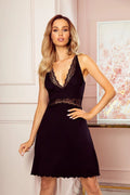 nuisette sexy Eldar dentelle noire sans manches buste ajusté décolleté plongeant fines bretelles taille cintrée jupe évasée ourlet festonné