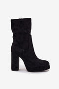 bottines femme suède écologique souple noire talon carré haut plateforme bout arrondi zippées doublure fourrure chaude confort élégantes mi mollet