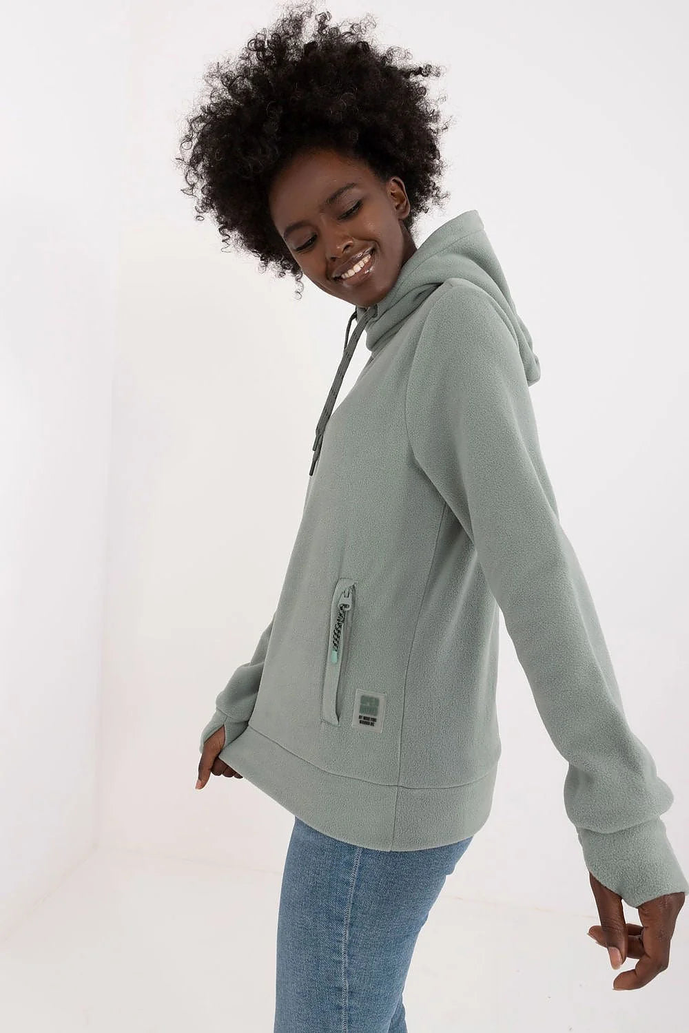 Sweatshirt Sublevel capuchon vert sauge femmes style moderne matériau doux manches longues poche kangourou