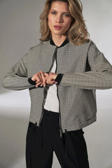 veste bomber femme courte boxy tissé structuré micropieddepoule noir blanc col côtelé poignets contrastés fermeture double curseur ourlet réglable cordon