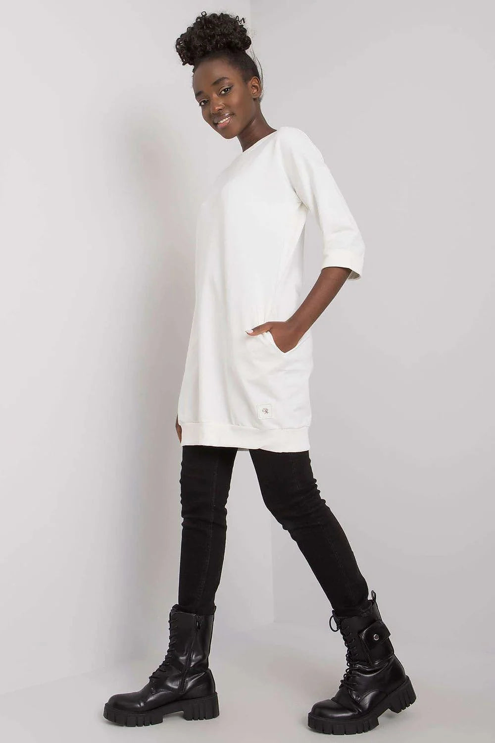 Robe ample coton vert vif moderne manches 3/4 confort élégant femme mode décontractée tendance