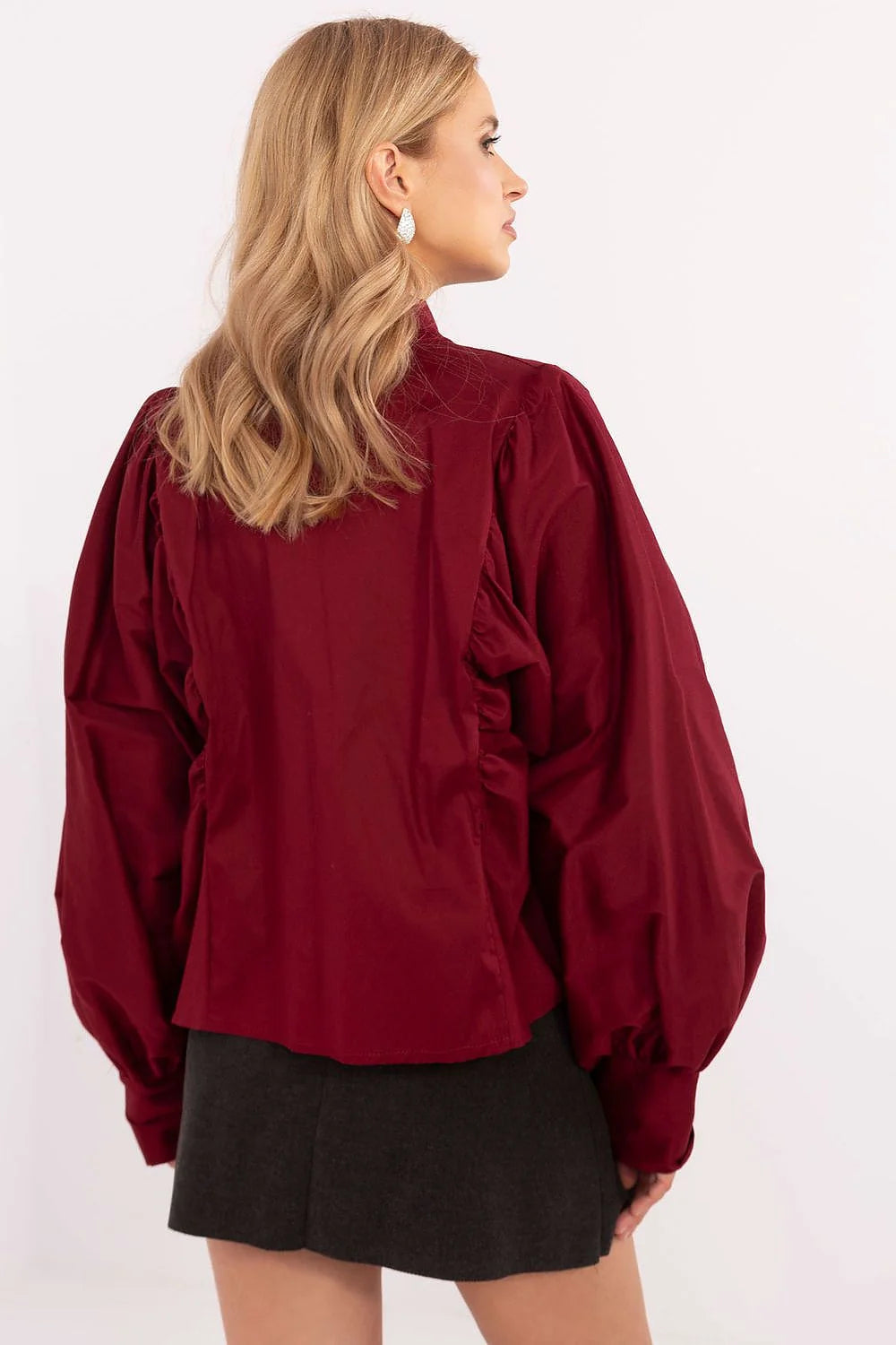 Tenue femme élégante deux pièces blouse manches bouffantes jupe plissée bordeaux gris foncé coton mélange occasion formelle professionnelle