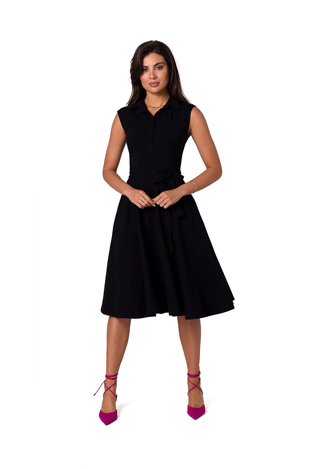 Robe de jour sans manches élégante verte vif ceinture assortie col chemise femmes coton elasthanne taille ajustable occasionnels
