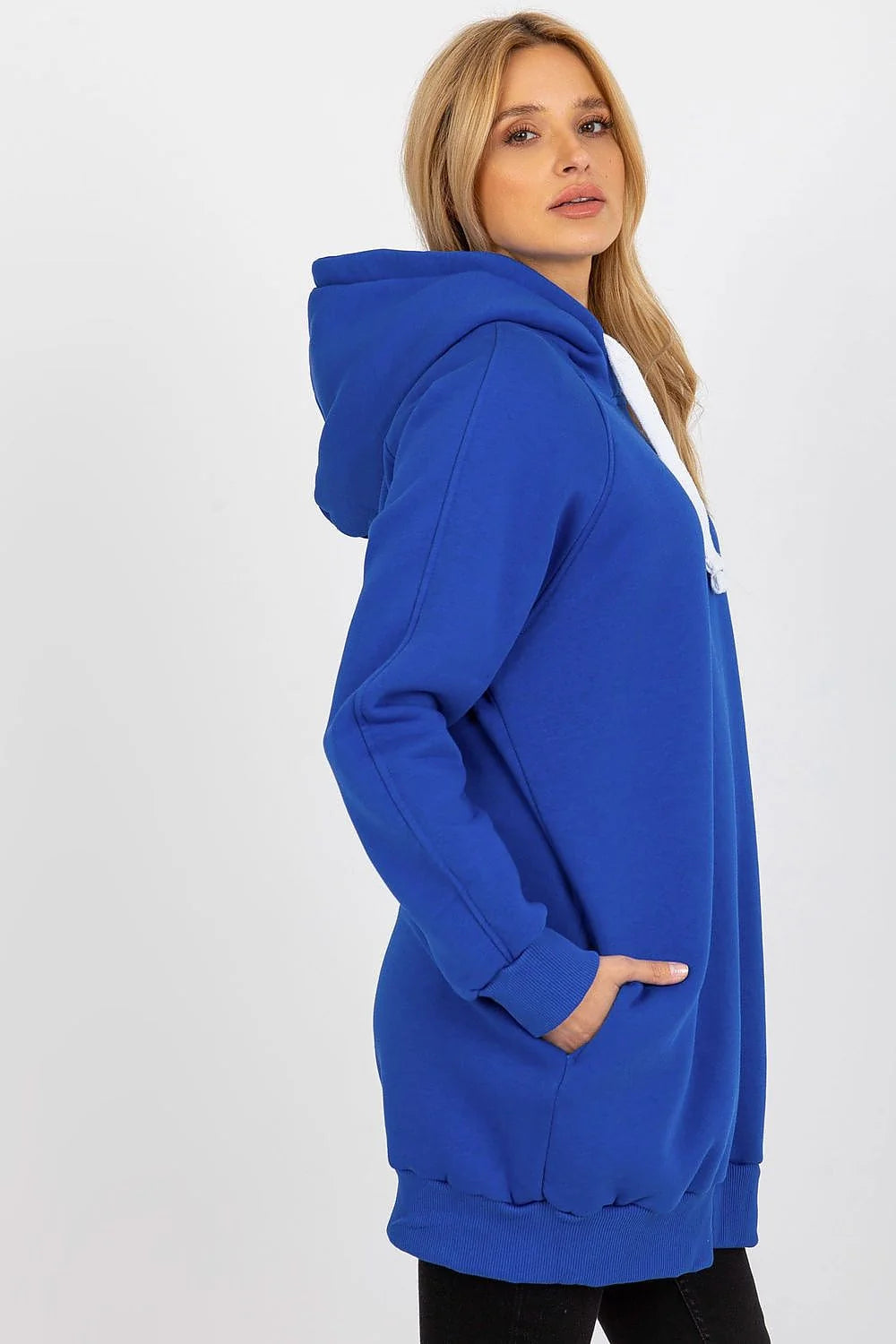 sweatshirt long femme oversize capuche bleu électrique molleton doublure isolante coton polyester manches raglan cordon blanc poches latérales