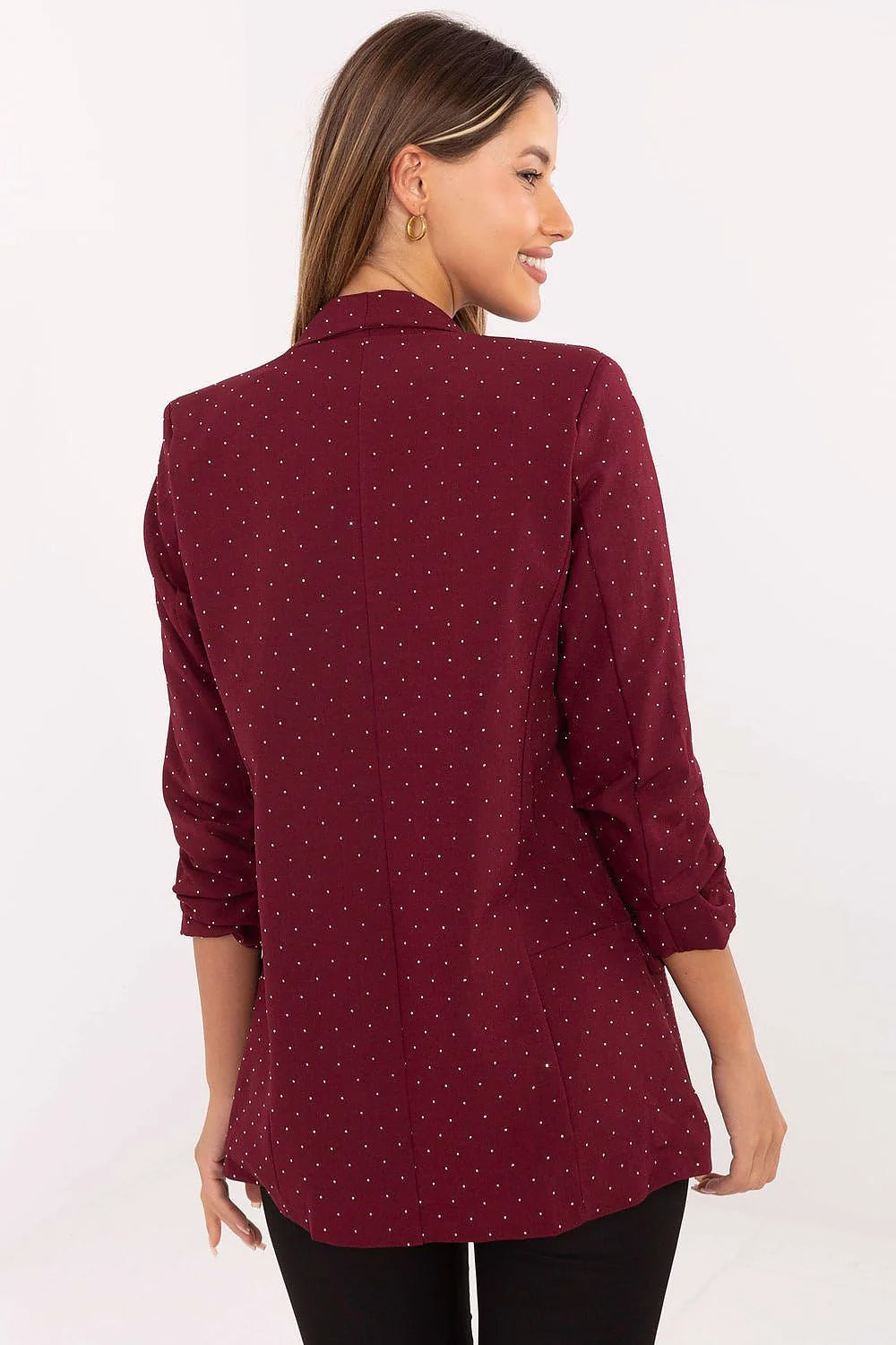 blazer longline bordeaux micropois paillettes viscose polyester doublée ouvert épaulettes structurée col châle manches troisquarts plis délicats poches rabats