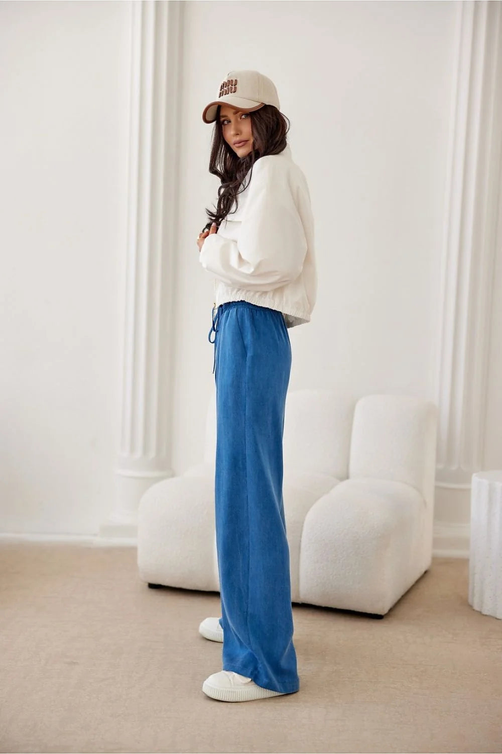Pantalon femme Roco Fashion longues jambes larges taille haute ceinture élastique poches latérales ouvertes Tencel 100%