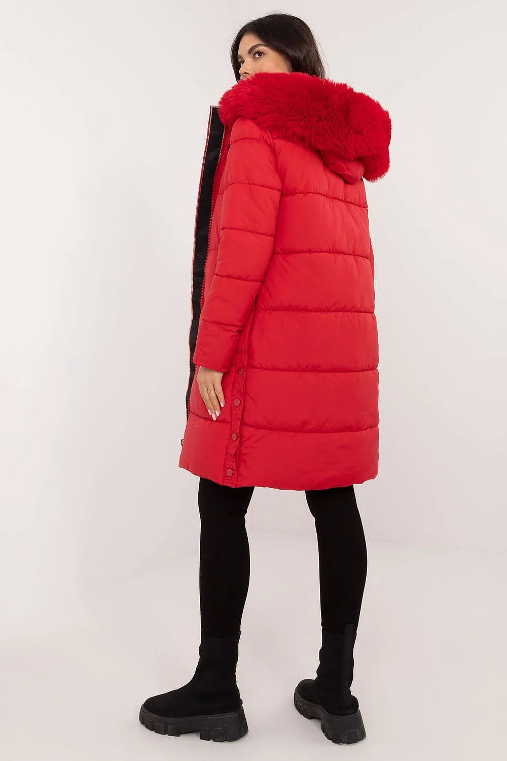 Doudoune longue pour femme rouge vif matelassée polyester fausse fourrure capuche amovible poches zippées hiver automne