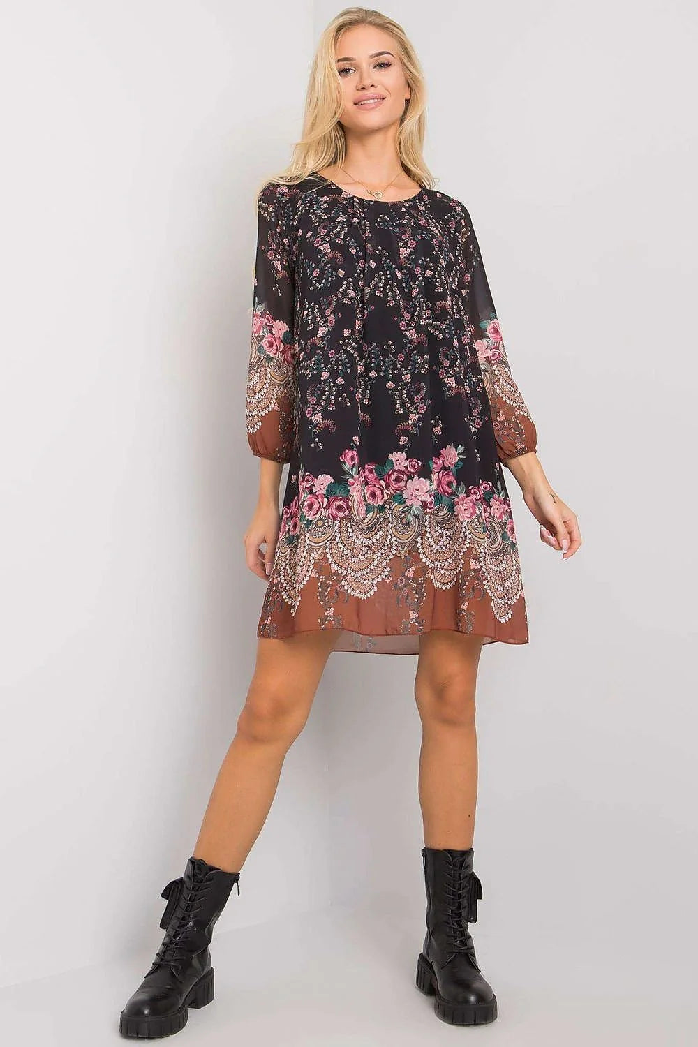 Robe de jour audacieuse Och Bella motif léopard coupe trapèze manches longues encolure ronde doublée polyester viscose femme