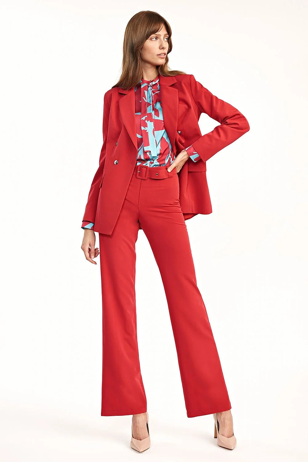 Pantalon femme taille haute rouge corail jambes larges chic élégant bureau confort tendance