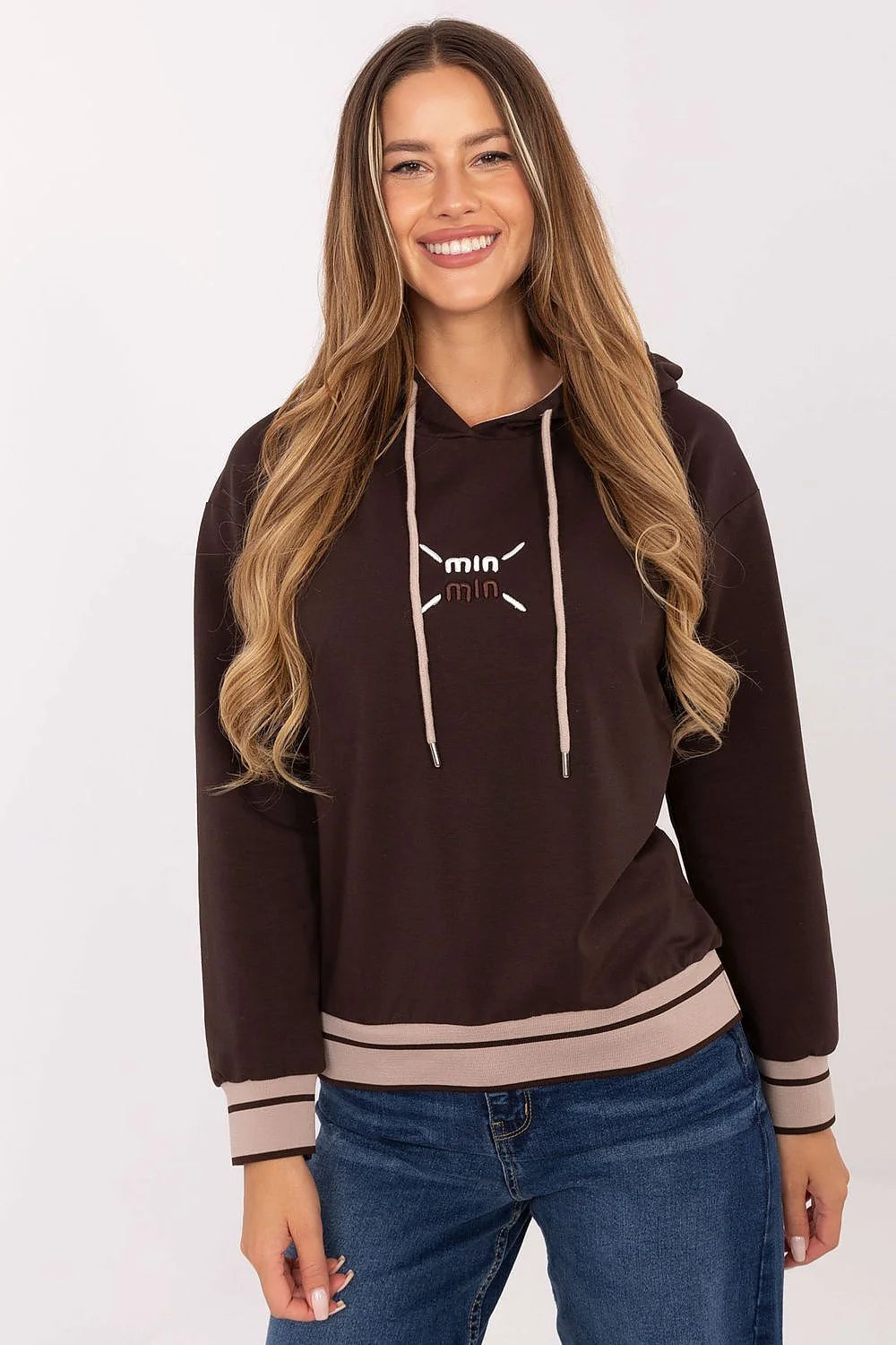 sweatshirt femme hoodie coupe décontractée coton élasthanne confortable manches longues poignets contrastés bordscôtes rayures capuche cordons broderie logo marron beige
