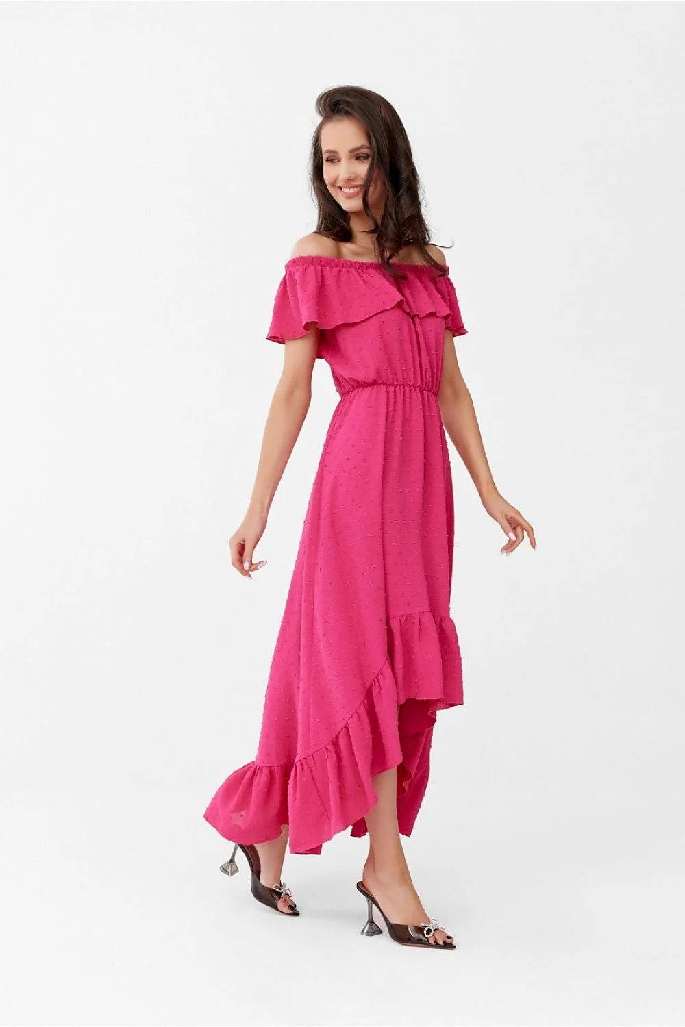 robe longue asymétrique bohème épaules ouvertes volants ourlet rose vif pois plumetis fluide léger respirant taille élastique cintrée femme estivale