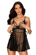 babydoll nuisette sexy transparente tulle noir motif cœurs dentelle festonnée bretelles réglables taille ajustable string assorti tombé fluide maintien subtil
