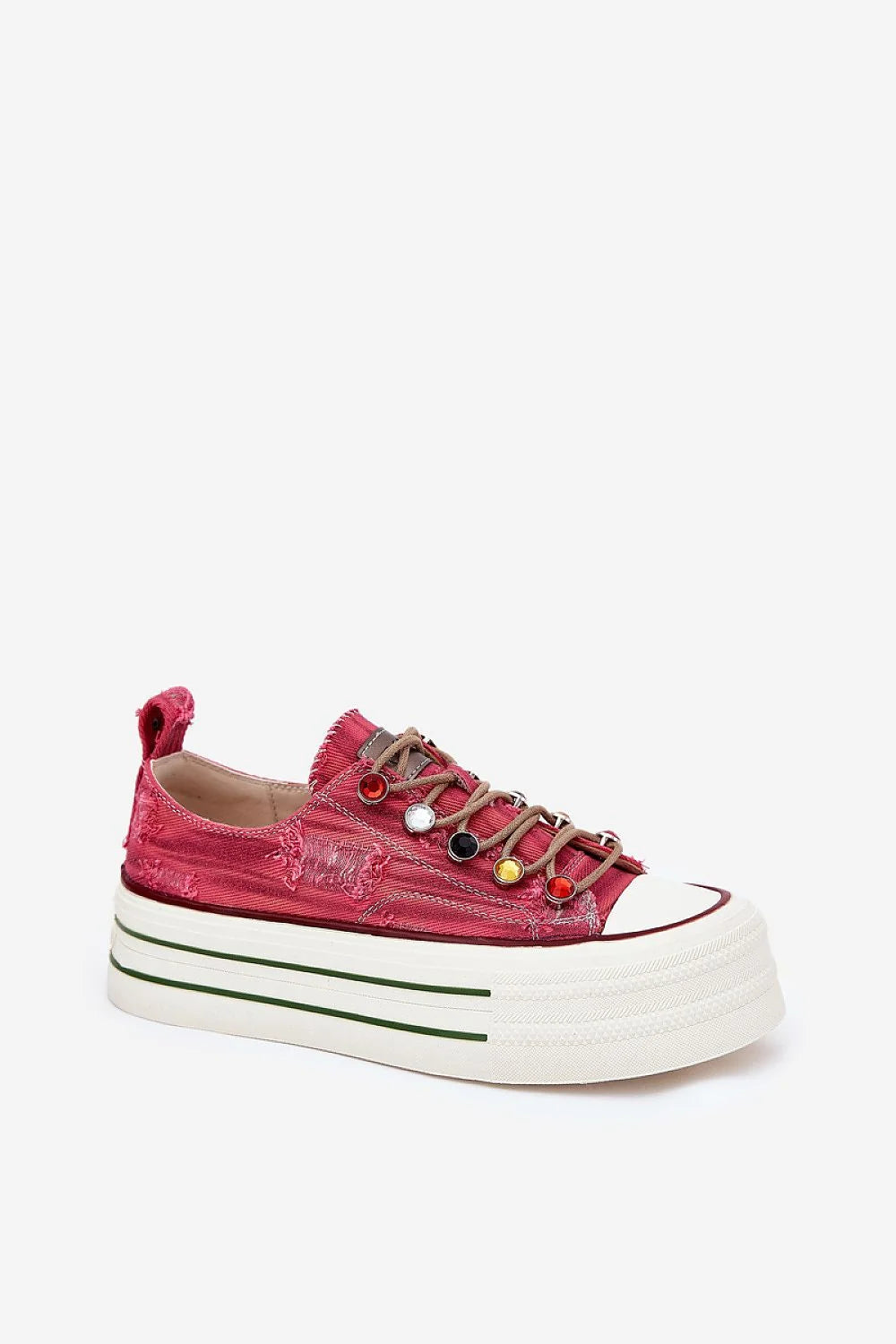 Baskets mode pour femme style rétro denim rose vif détails métalliques pierres colorées semelle épaisse confortable