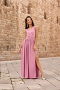 Robe longue élégante pour femme en brocart pailleté, design V croisé, fente haute, ajustée à la taille, idéale pour soirée et mariage
