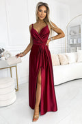 Robe longue élégante en satin bordeaux robe de soirée fente ceinture décolleté en V_Numoco