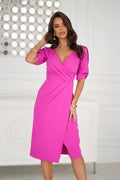 Robe de cocktail Bicotone fuchsia midi col V manches mi-longues élasthanne polyester taille ajustée silhouette flatteuse femme