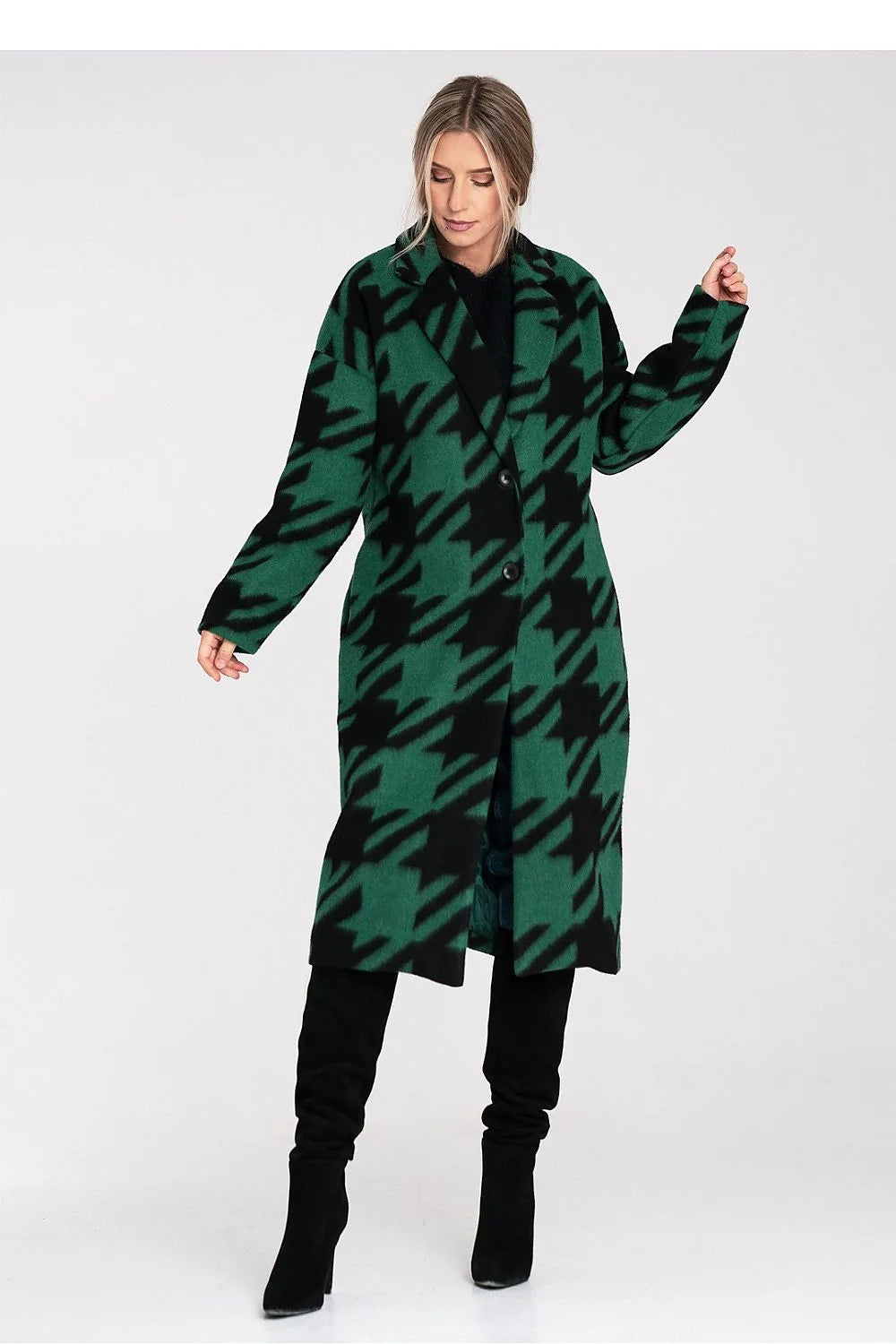 manteau long femme oversize pieddepoule vert noir tissu épais laineux col tailleur large manches longues coupe droite ample chaud hiver