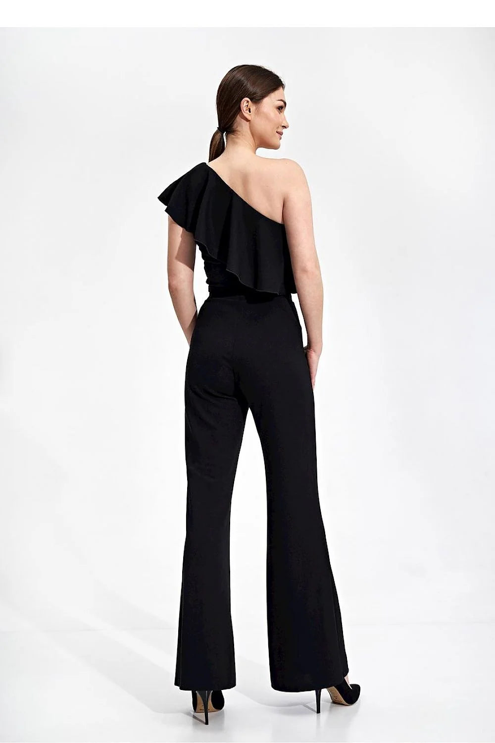 Chemisier asymétrique avec volant sur l'épaule, beige camel, polyester élasthanne, taille ajustable, pour femme élégante