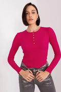 Chemisier Femme Coupe Ajustée Manches Longues Encolure Ronde Tissu Côtelé Coloris Rose Vif Boutons-Métalliques Élégance Mode Urbaine