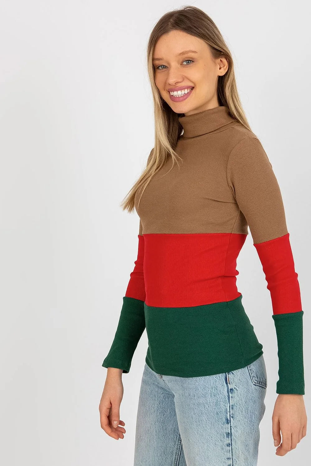 Pull col roulé multicolore maille côtelée coton élasthanne bleu rose vert ajusté manches longues ourlets nets design moderne
