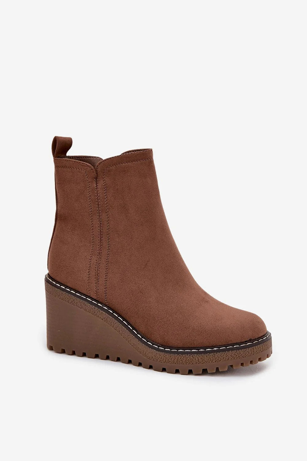 bottines femme suédine écologique marron doublée fourrure synthétique fermeture zippée latérale tige moyenne talon compensé semelle crantée antidérapante
