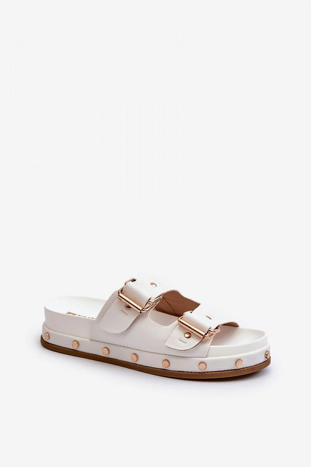 Sandales féminines modernes style épuré couleur blanche lanières larges boucles dorées plateforme épaisse semelle caoutchouc