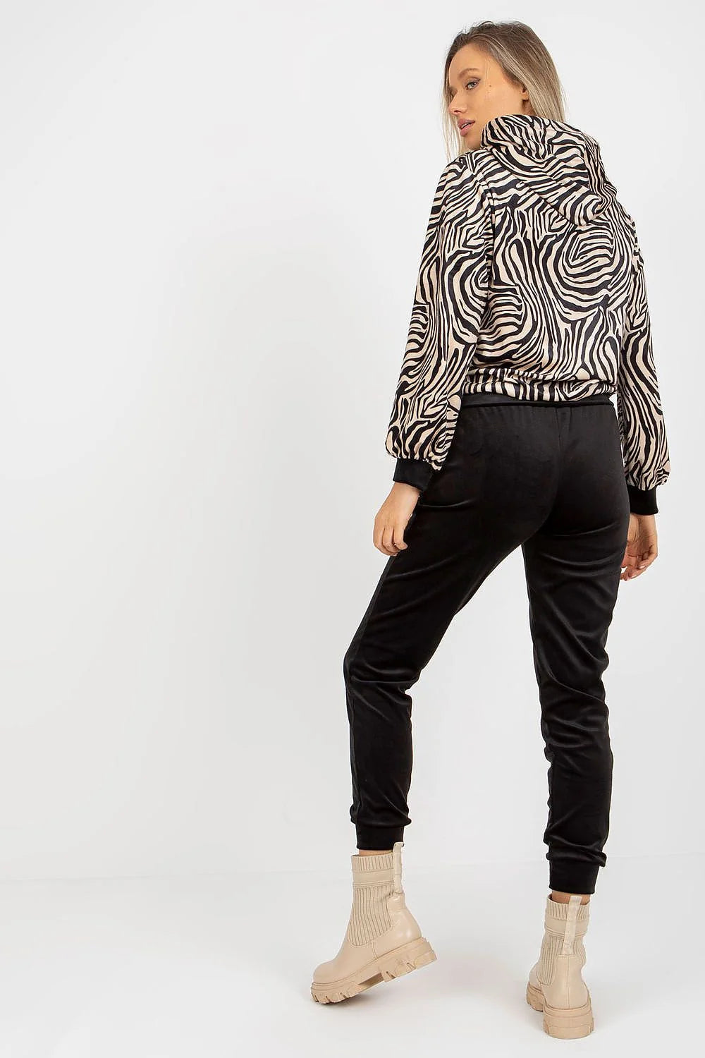 Ensemble Rue Paris sweat-shirt capuchon pantalon jogger velours coton élasthanne motifs animaux noir blanc bleu femme