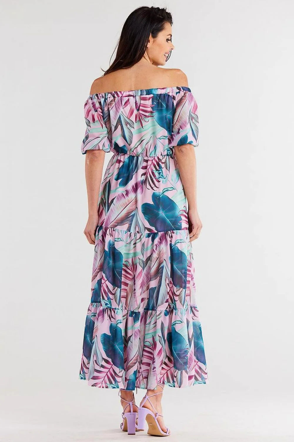 robe longue estivale offshoulder épaulesdénudées manchescourtes polyester fluide légère voile imprimé tropical feuilles pastel rose turquoise bleucanard volants tiers