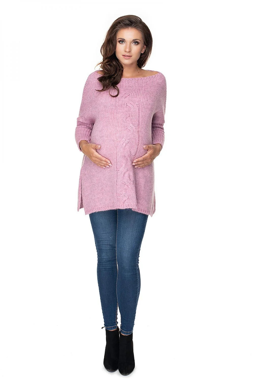 pull oversize femme long tunique maille tricotée crème col bateau torsadé vertical coupe ample manches longues fentes latérales douceur maternité