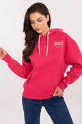 sweatshirt femme fuchsia molletonnée oversize capuche cordons ecru embouts poche kangourou impression poitrine logo dos manches longues bordscotes
