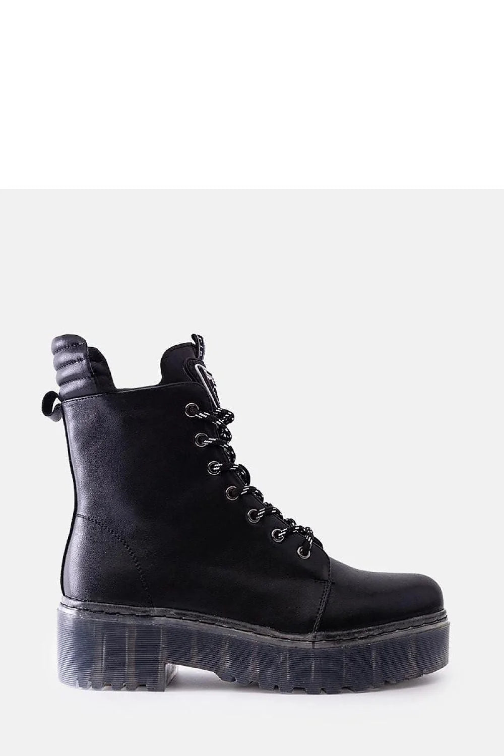 Bottines pour femmes design moderne robuste cuir noir lisse lacets contrastants semelle épaisse protectrice fermeture éclair latérale logo triangulaire