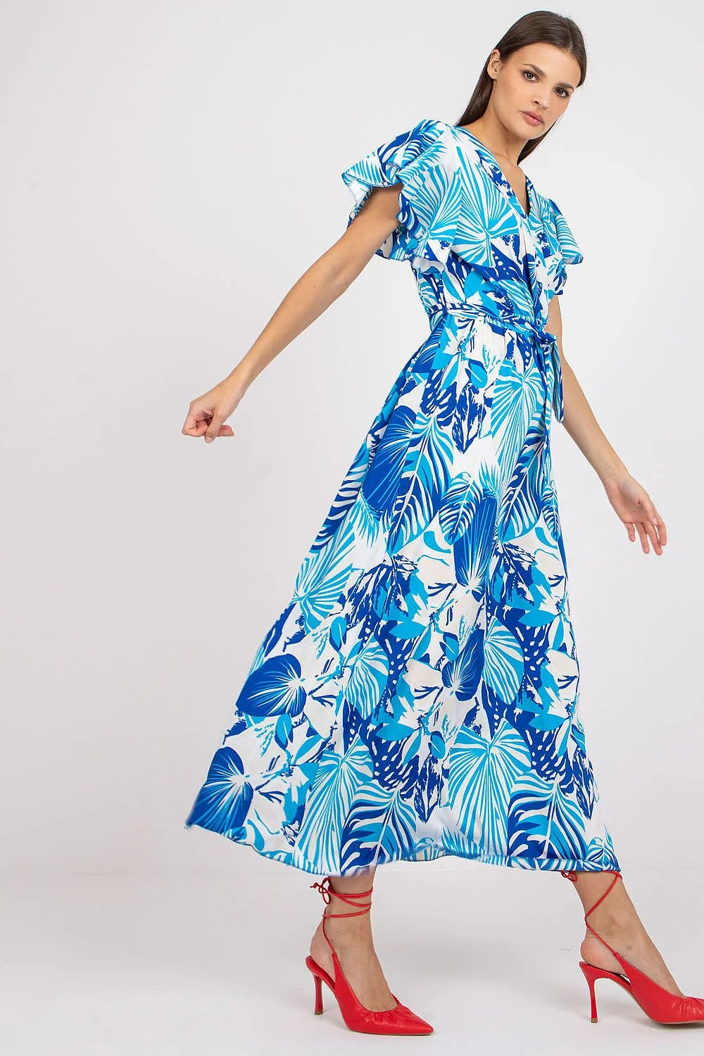 Robe longue imprimée tropical bleu turquoise manches courtes encolure V ceinture taille femme été 2023