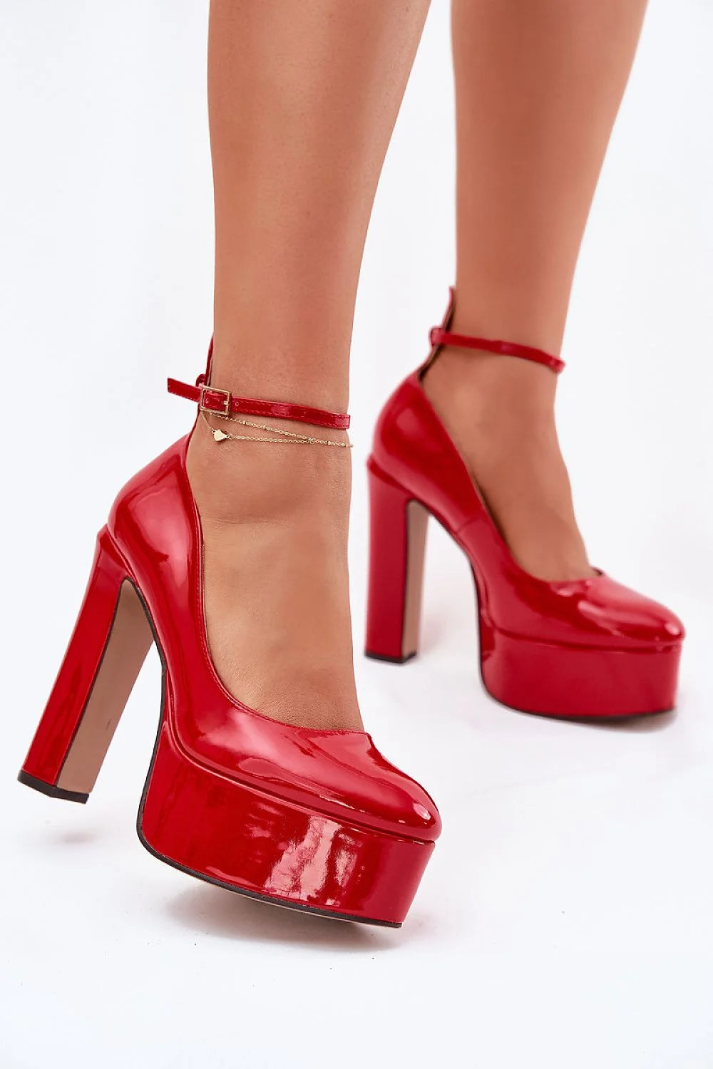 Escarpins talon large Step in style plateforme cuir artificiel rouge vif glossy femmes occasion spéciale soirée mariage strap adjustable modern style