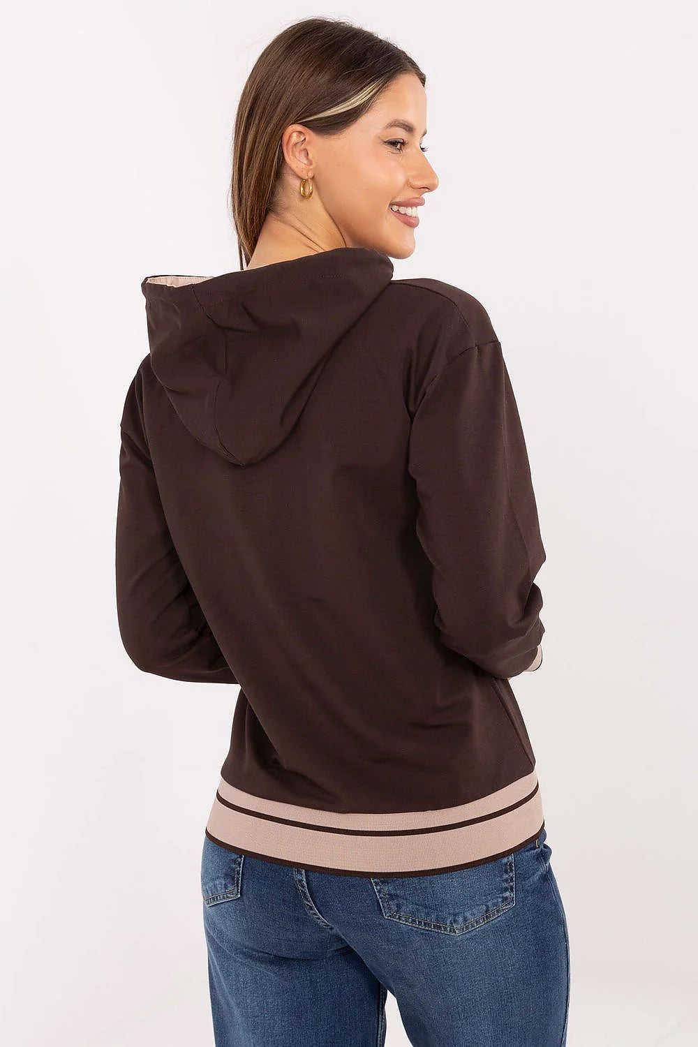 sweatshirt femme hoodie coupe décontractée coton élasthanne confortable manches longues poignets contrastés bordscôtes rayures capuche cordons broderie logo marron beige