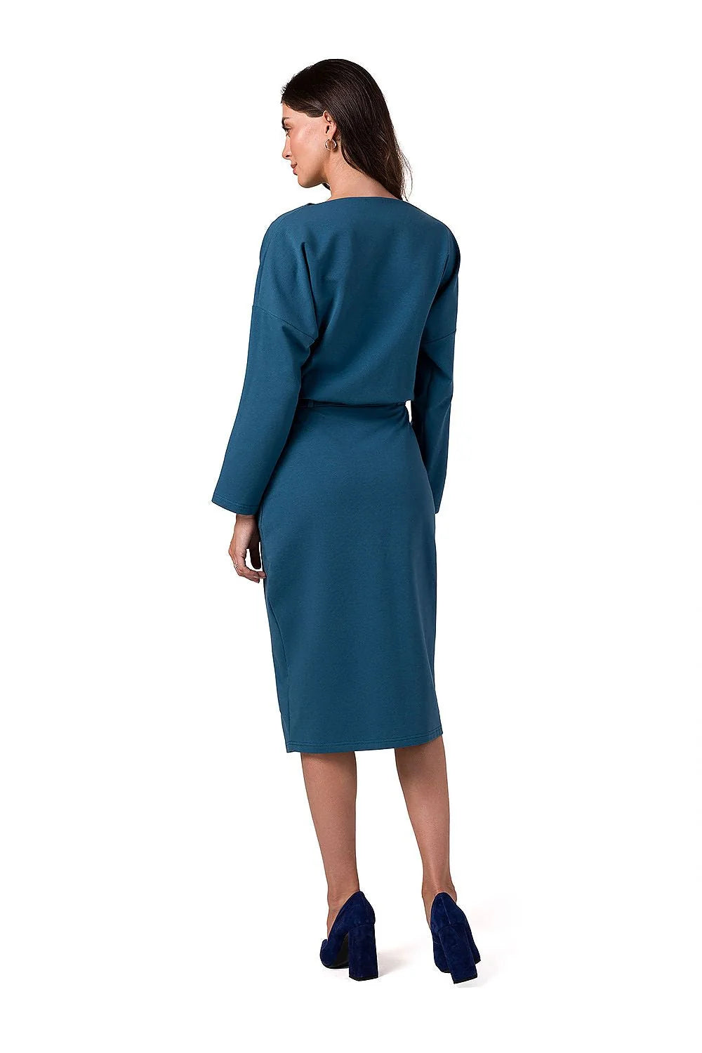 robe élégante bleu canard maille douce midi ceinture ajustable col bateau manches longues amples fente arrière polyester élasthanne confortable féminine