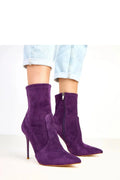 bottines suédé violet profond bout pointu talon aiguille 11cm tige 145mm fermeture éclair latérale semelle contrastante beige doublure tissu élégantes